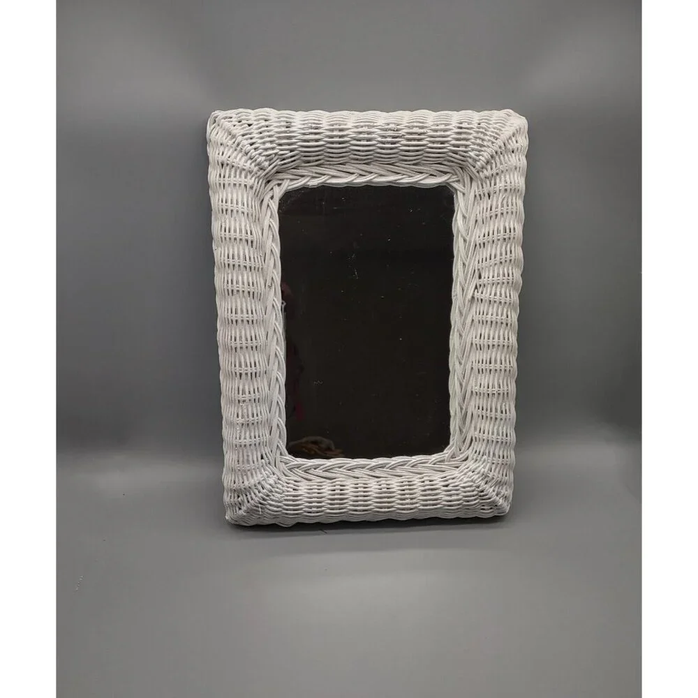 Vintage 1970s White Wicker Wall Mirror Cottage Retro, Rectangular 16